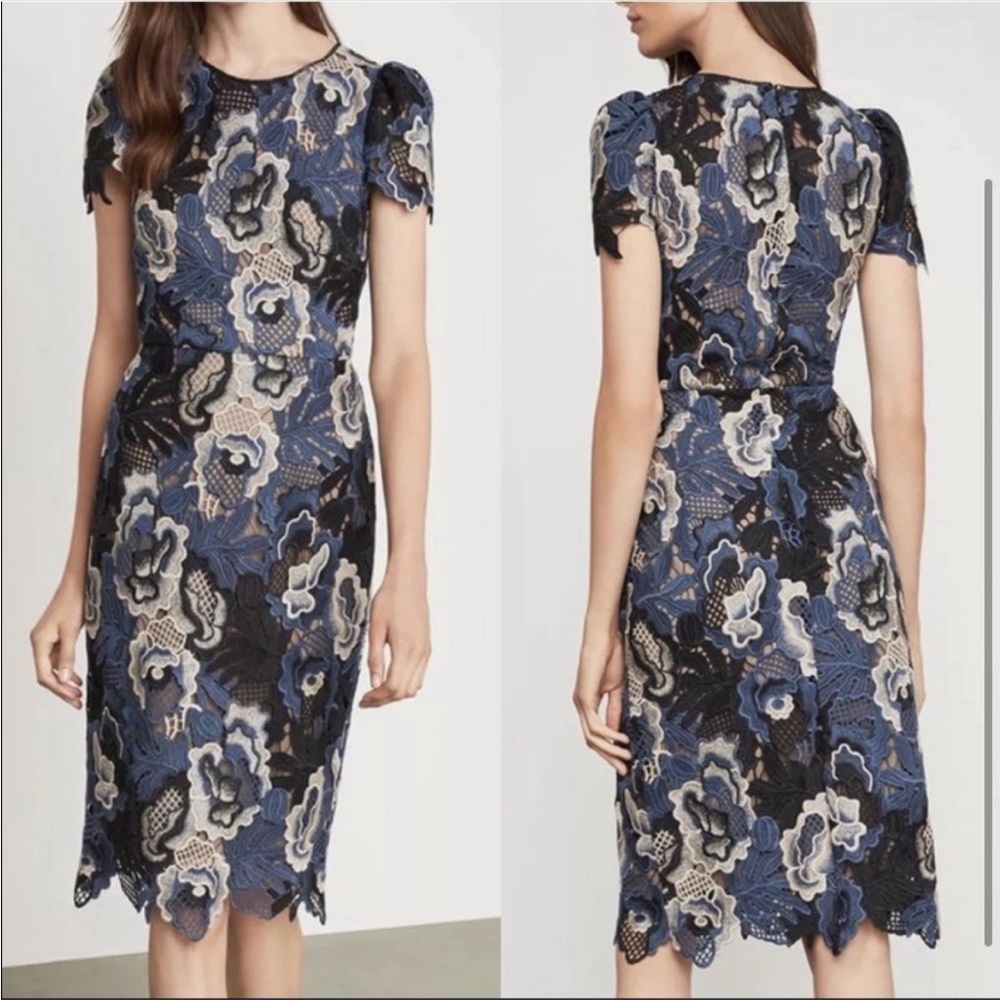 BCBGMAXAZRIA Navy Black Lace Floral Midi Sheath Dress Size 10